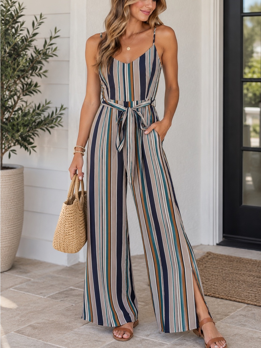 Monteau Striped V-Neck Jumpsuit